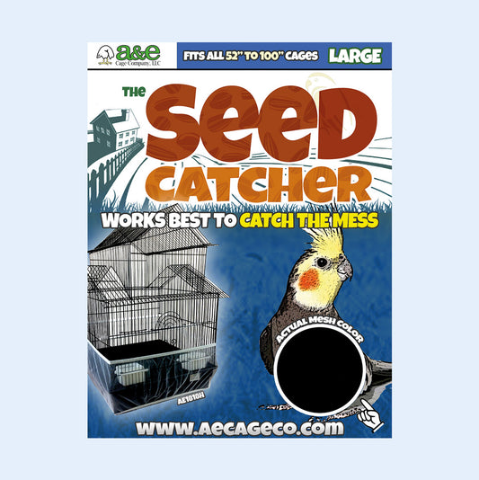 Large Seed Catcher from Squawk Shop for bird cages, fits 52" to 100", 13" high, in breathable black mesh for mess control and easy cleaning.