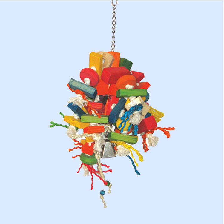 Large Cluster Blocks bird toy from Squawk Shop, featuring colorful wooden blocks, ropes, and knots for chewing and shredding fun for medium to large birds.