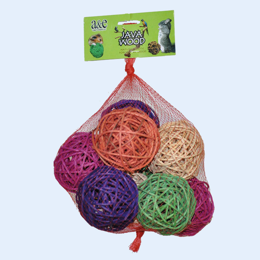 Large Vine Ball Hive bird toy set from Squawk Shop, featuring 10 colorful 3.5" vine balls for chewing, shredding, and foraging fun for medium to large birds.