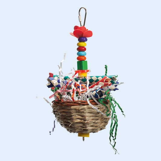 Love Nest Bird Toy with a woven nest, colorful shreddable textures, and chewable elements, available at Squawk Shop!