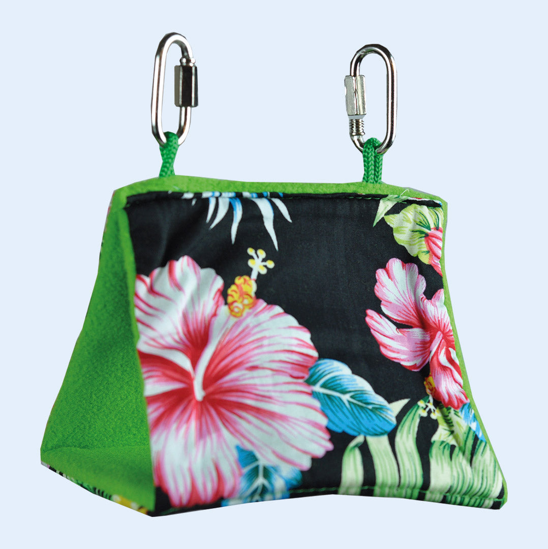 Medium Soft Sided Tent for birds, 5.25" x 4.75" x 4.5", featuring a vibrant tropical floral design and soft interior. Ideal hideout from Squawk Shop.