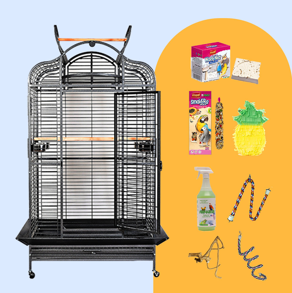 Majestic X-Large Parrot Cage Bundle from Squawk Shop with arched black cage, toys, rope perches, cuttlebone, cleaning spray, and treats for large birds
