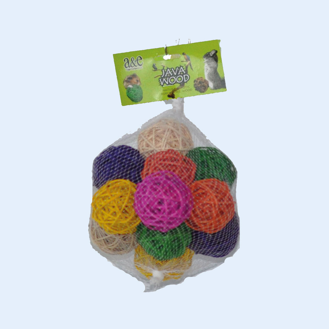 Medium Vine Ball Hive bird toy set from Squawk Shop, featuring 12 colorful 2.5" vine balls for chewing, shredding, and foraging fun for small to medium-sized birds.