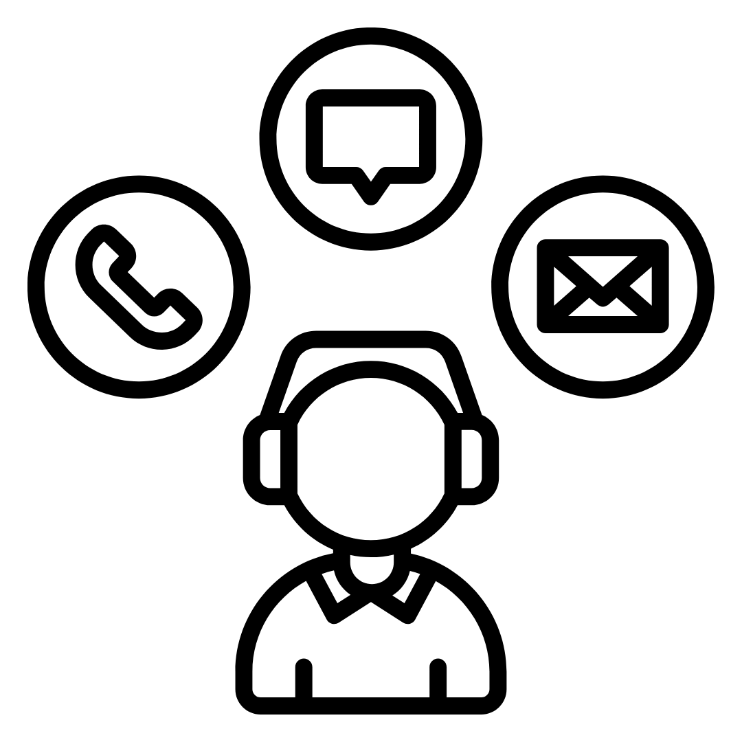 Icon of a person wearing headphones with communication icons above on a white background