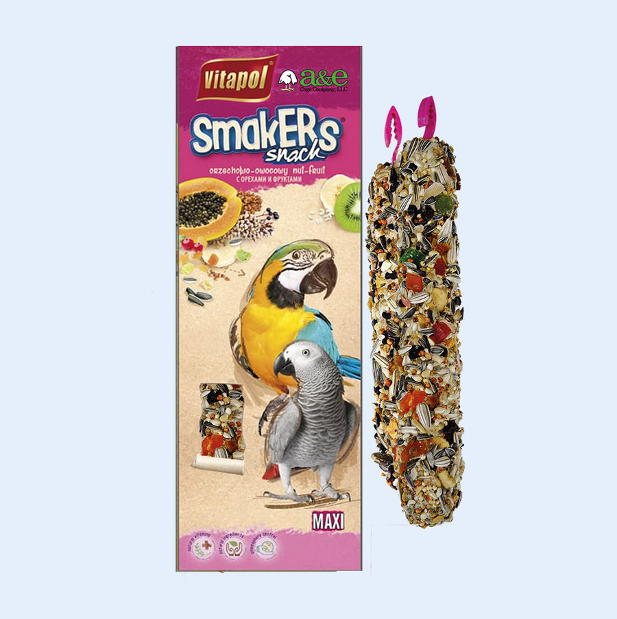 A box of Vitapol Smakers Snack Maxi treat sticks for parrots, featuring a fruit and nut blend. The packaging showcases a vibrant macaw and African Grey parrot, with images of papaya, kiwi, and seeds. A close-up of one treat stick highlights its colorful mixture of dried fruits, seeds, and nuts with a plastic hanger. Available at Squawk Shop.