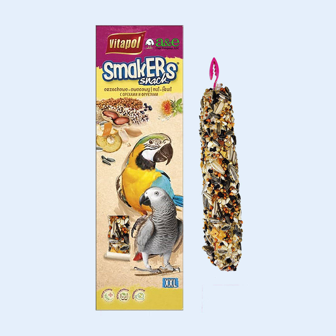 A box of Vitapol Smakers Snack XXL treat sticks for parrots, featuring a nut and fruit blend. The packaging displays a colorful macaw and African Grey parrot, along with images of nuts, seeds, and dried fruits. A close-up of one treat stick showcases its rich mixture of seeds, nuts, and dried ingredients with a plastic hanger. Available at Squawk Shop.