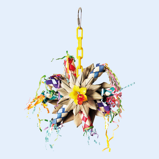 Pinwheel Bird Toy with woven palm leaves, colorful paper strands, and plastic accents, available at Squawk Shop for interactive bird play.