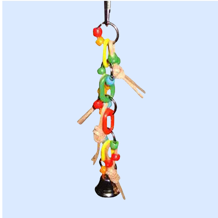 A hanging bird toy made of colorful plastic chain links, leather strips, and beads, with a jingling bell at the bottom. Designed for chewing and climbing.