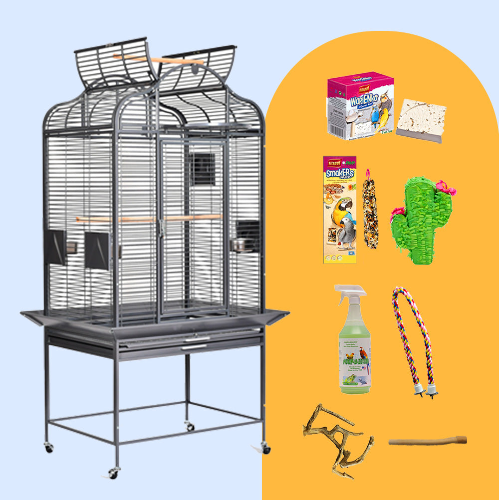 Majestic Medium Parrot Cage Bundle with black dome-top cage, parrot toys, perch, cleaning spray, treats, and accessories from Squawk Shop