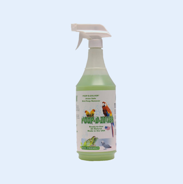 Poop-D-Zolver Lime Coconut Scented bird poop remover from Squawk Shop, a 32oz avian-safe, eco-friendly spray designed to remove bird droppings effectively.