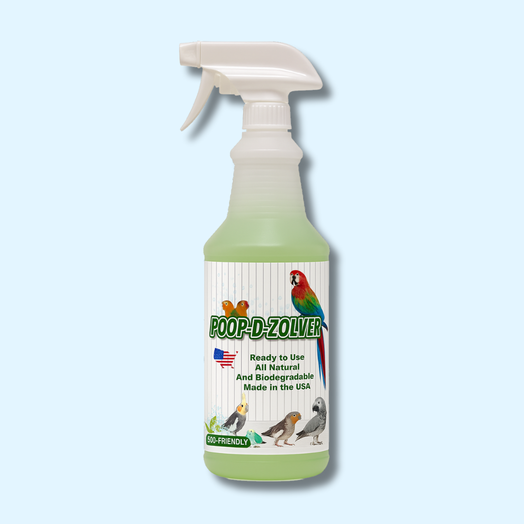 Poop-D-Zolver Lime Coconut Scented from Squawk Shop, bird poop remover from Squawk Shop, a 32oz avian-safe, eco-friendly spray designed to remove bird droppings effectively.