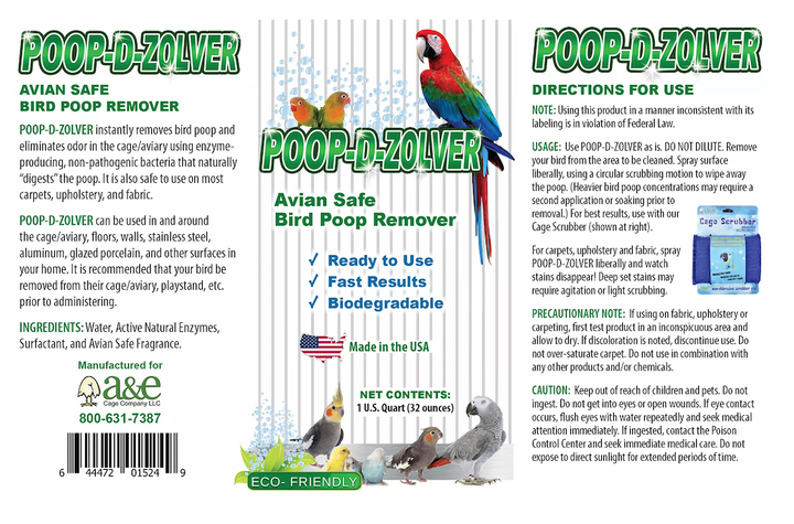 Poop-D-Zolver Lime Coconut Scented bird poop remover from Squawk Shop, a 32oz avian-safe, eco-friendly spray designed to remove bird droppings effectively. This is the label. 