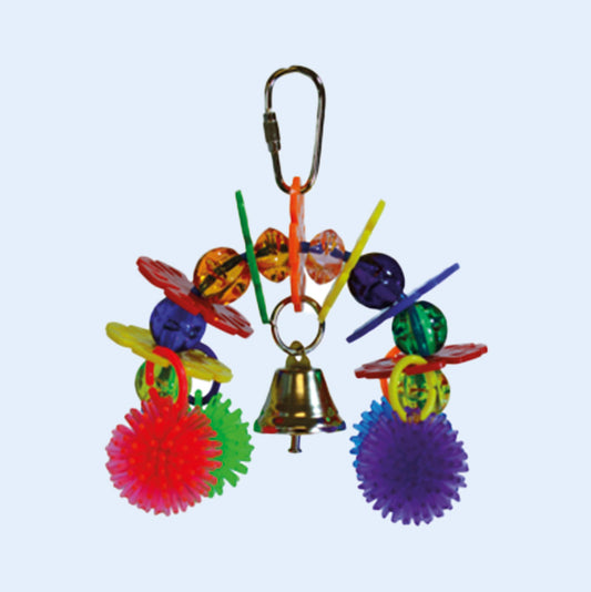 Rainbow Bridge Bird Toy with colorful beads, rings, and a bell for interactive fun—available now at Squawk Shop!