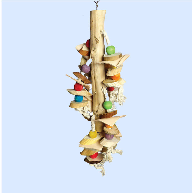 Real Wood Bird Toy with Hanging Wood Cylinders from Squawk Shop, featuring natural wood, colorful wooden cylinders, and rope for climbing, chewing, and interactive play.