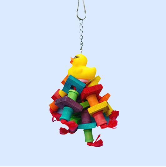 A colorful bird toy with stacked wooden blocks, beads, and a rubber duck topper, designed for chewing, shredding, and play.
