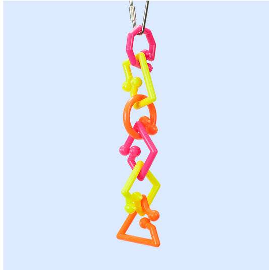 A large bird toy made of interlocking neon-colored plastic links, designed for pulling, shaking, and rattling to entertain birds and encourage activity.