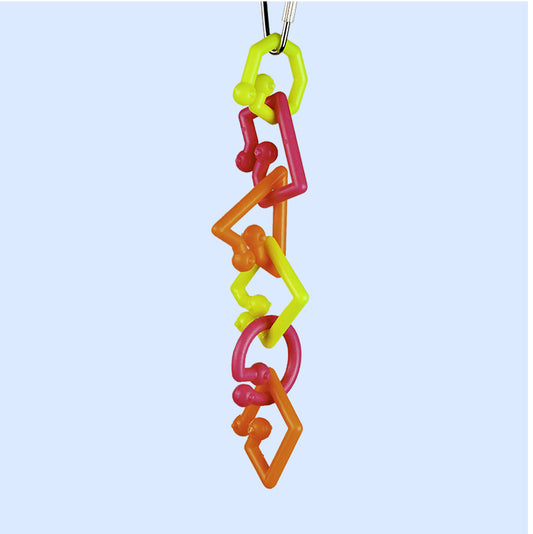 A small bird toy made of interlocking neon-colored plastic links, designed for pulling, shaking, and rattling, perfect for small birds.