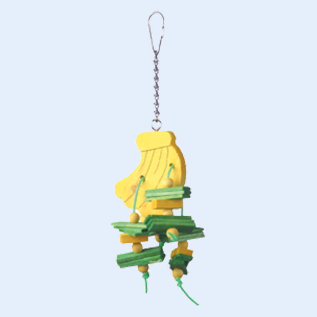 Small Banana Bird Toy with wooden blocks and rope for chewing and foraging fun, available now at Squawk Shop!