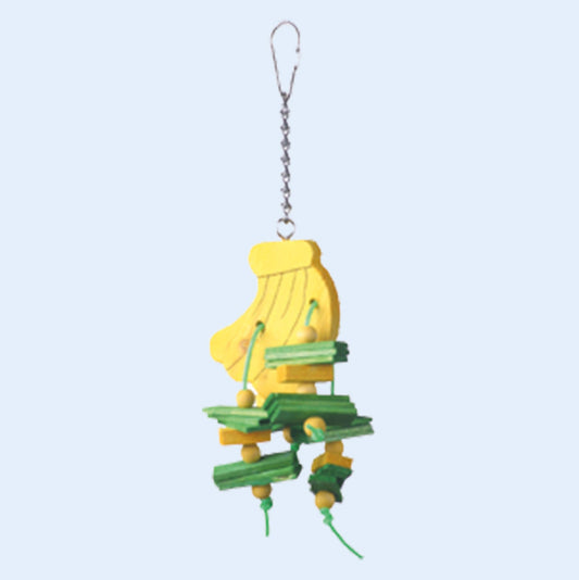 Small Banana Bird Toy with wooden blocks and rope for chewing and foraging fun, available now at Squawk Shop!