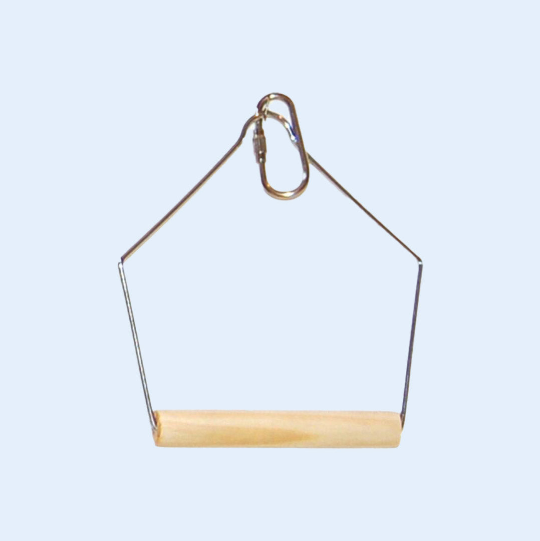 Small Economy Bird Swing from Squawk Shop, featuring a 3" x 4" bird-safe wooden perch and durable wire frame for medium to large birds.