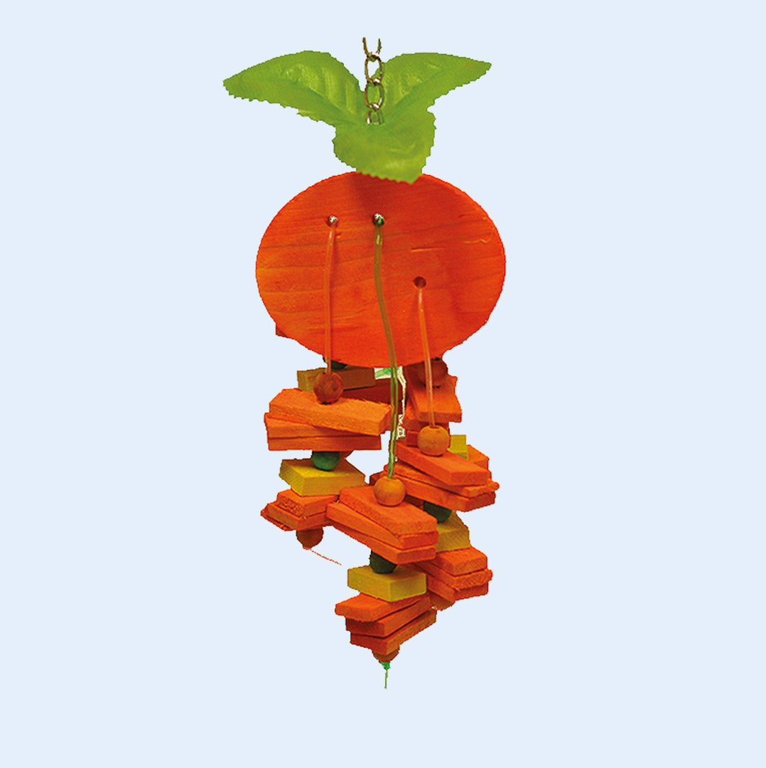 Small Orange Bird Toy with wooden blocks, beads, and a leaf topper, designed for chewing and foraging fun. Available now at Squawk Shop!