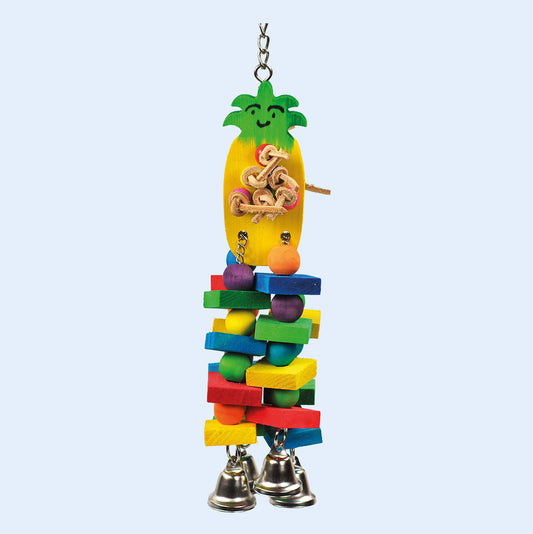 Small Pineapple Bird Toy with a smiling pineapple design, colorful wooden blocks, beads, and bells, available at Squawk Shop!