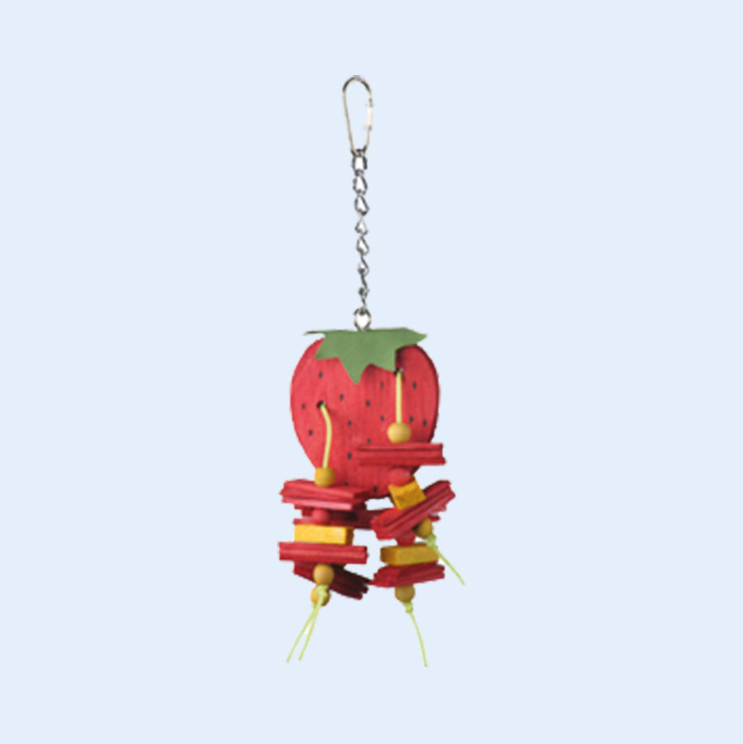 Small Strawberry Bird Toy with wooden blocks, beads, and a leaf topper, designed for chewing and foraging fun. Available now at Squawk Shop!