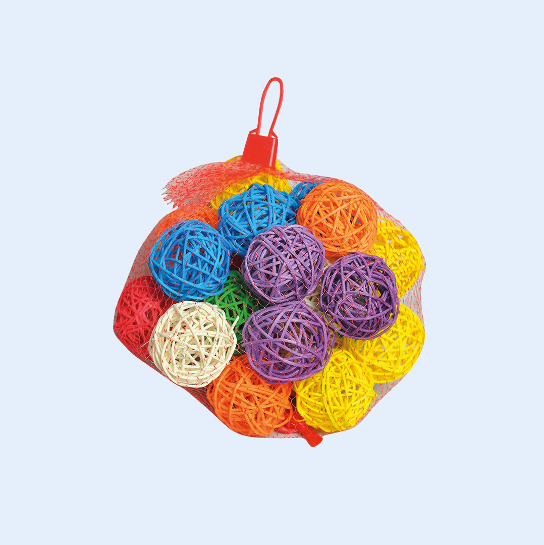 Small Vine Ball Hive bird toy set from Squawk Shop, featuring 25 colorful 2" vine balls for chewing, shredding, and foraging fun for small to medium-sized birds.