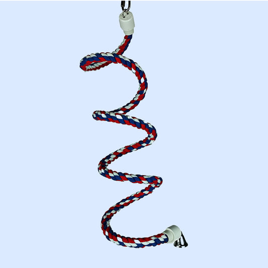 A small spiral cotton rope perch for birds, featuring a metal attachment and bell, designed for climbing, bouncing, and cage enrichment.
