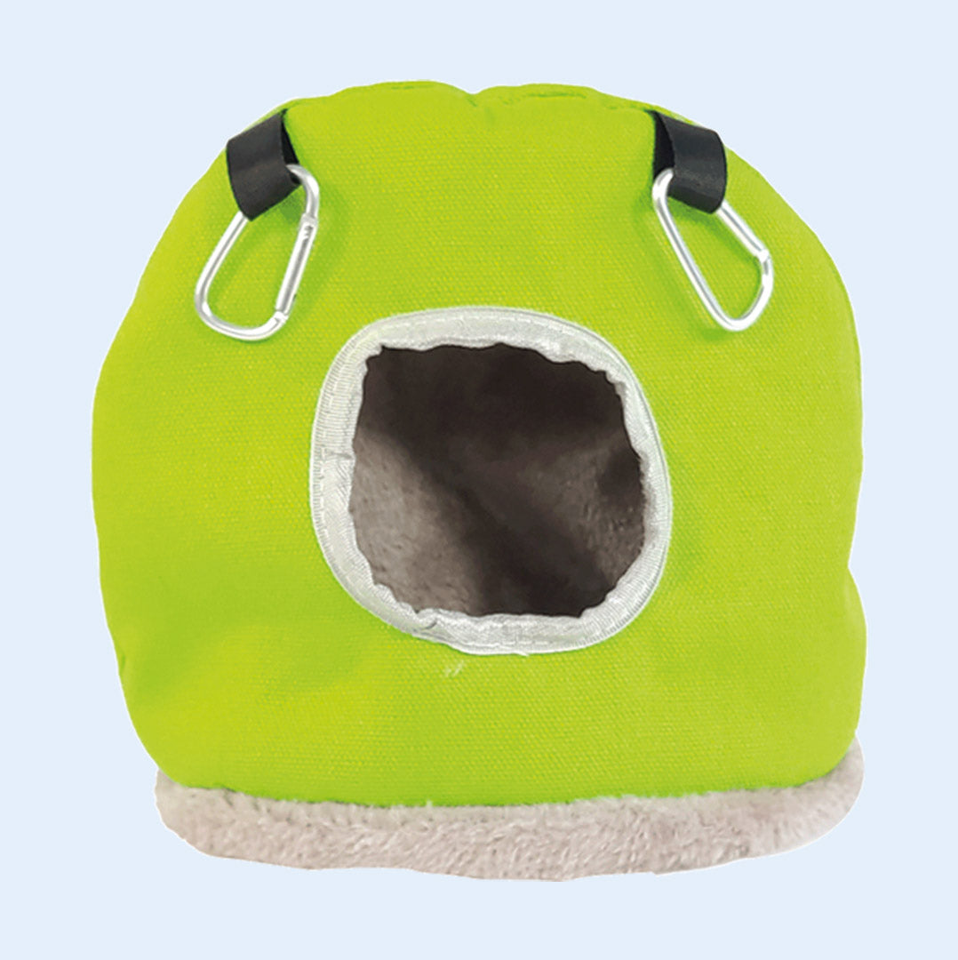 Snuggle Sack bird hideout from Squawk Shop – a soft, fleece-lined, cozy retreat for small to medium birds. Secure hanging design for comfort and safety.
