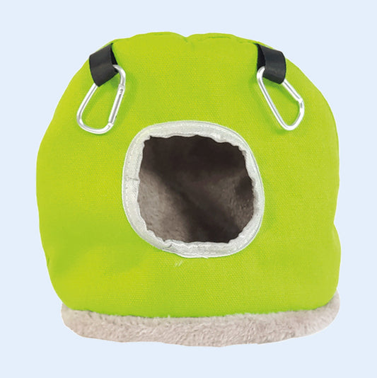 Snuggle Sack bird hideout from Squawk Shop – a soft, fleece-lined, cozy retreat for small to medium birds. Secure hanging design for comfort and safety.