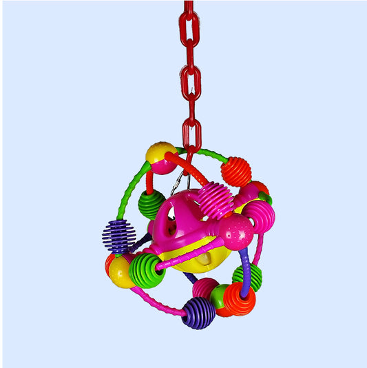A vibrant Space Ball on a Chain bird toy from Squawk Shop, featuring colorful textured elements and a secure hanging chain for interactive bird play.