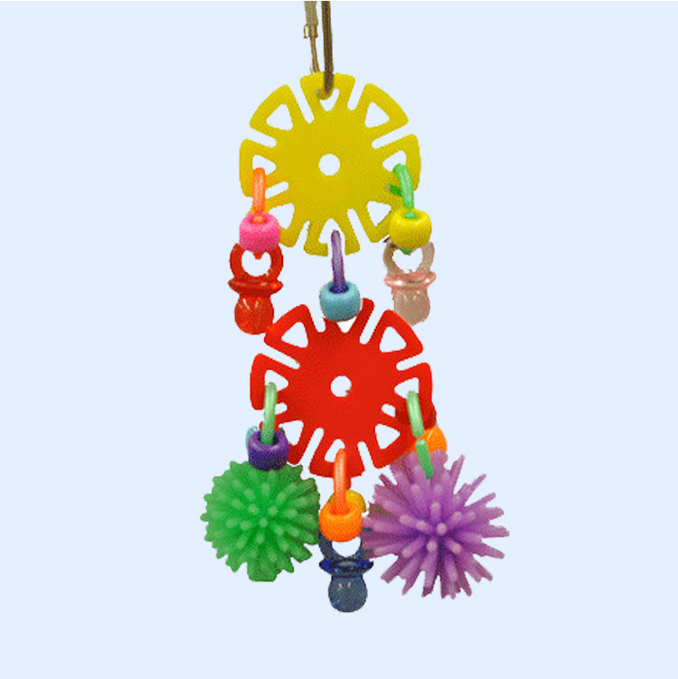 The Spikes & Sun Chips bird toy from Squawk Shop, featuring colorful plastic sun chips, spiky balls, and dangling rings, designed for engaging bird play.