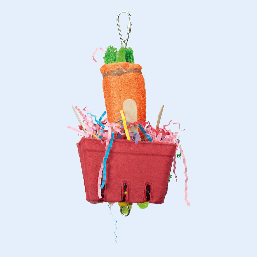 The Veggie Basket bird toy with a loofah carrot and shreddable textures for foraging fun, available at Squawk Shop!