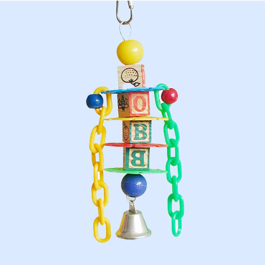 A colorful bird toy with alphabet blocks, plastic chains, wooden perches, and a small bell, designed for chewing, climbing, and interactive play.