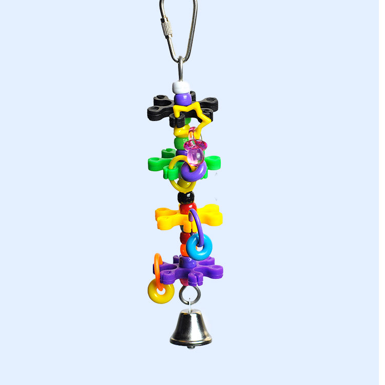 A Tiny Rings & Stars bird toy from Squawk Shop, featuring colorful plastic rings, stars, and a bell, designed to keep small birds engaged and entertained.
