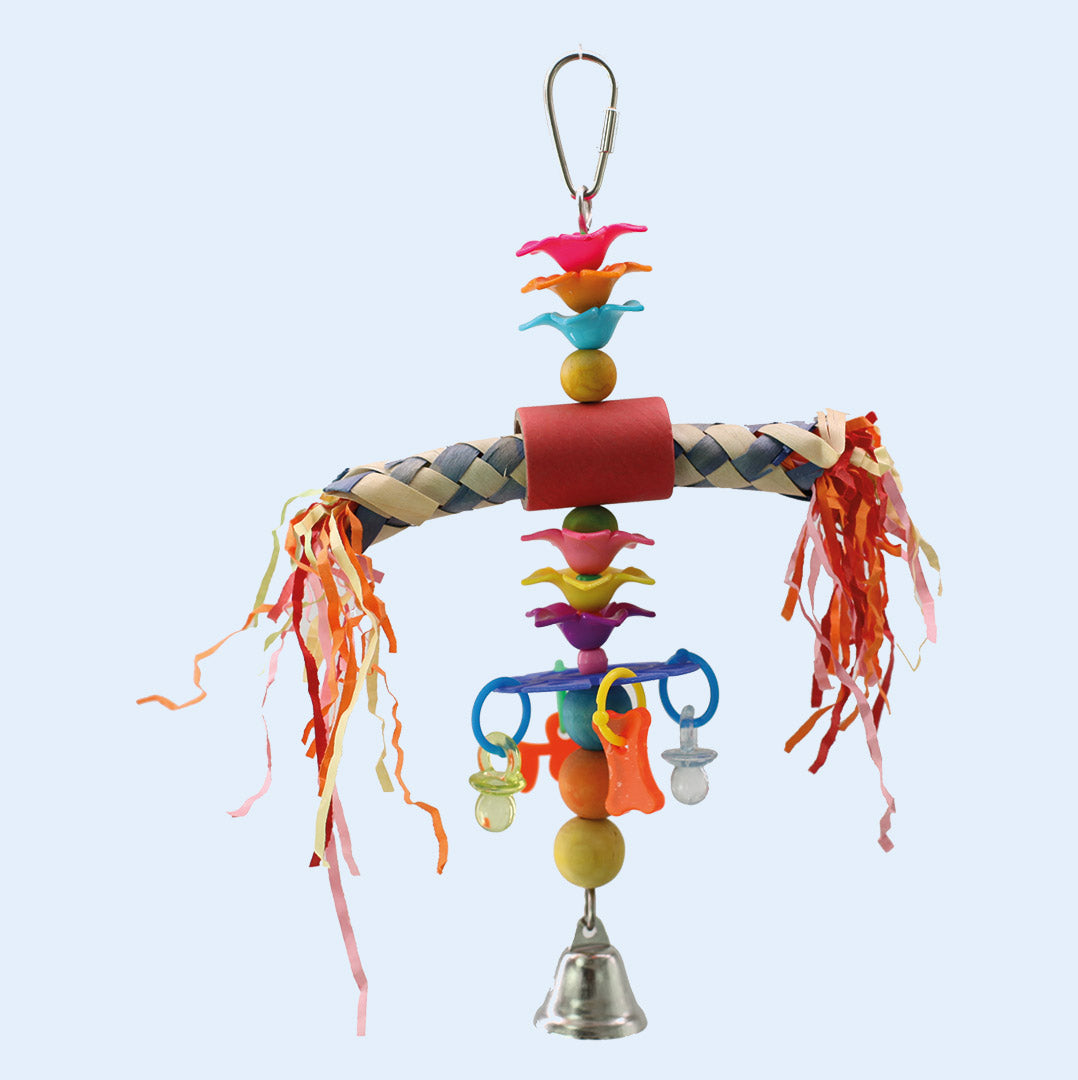 Colorful Totem Pole Bird Toy with woven perch, beads, streamers, and a bell, available at Squawk Shop for engaging bird playtime.