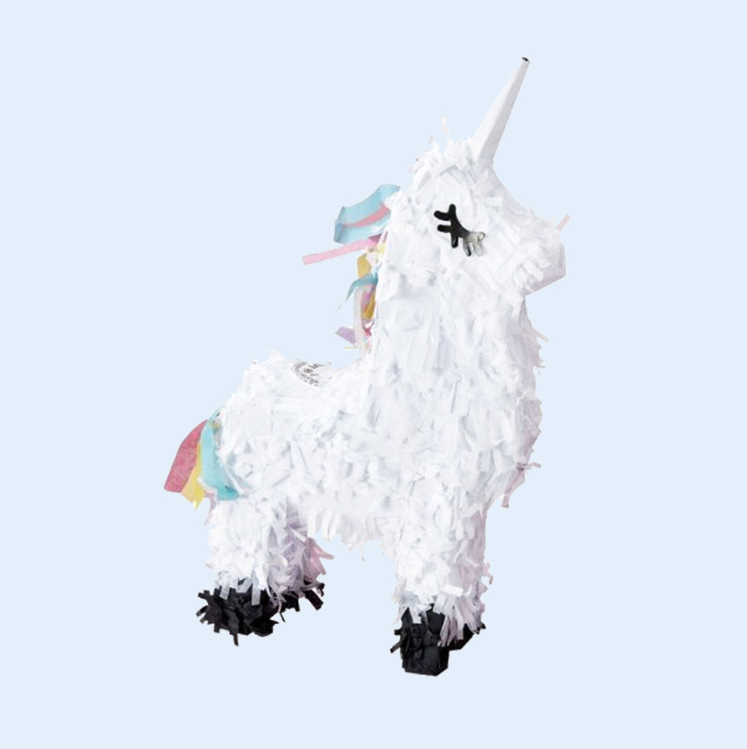A unicorn-shaped bird piñata with white fringe, a colorful mane, and a single horn. Designed for parrots to shred, forage, and play. Perfect for bird enrichment. Available at Squawk Shop.