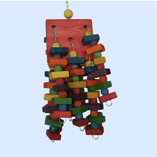 Up Against the Wall Large bird toy with colorful wood, beads, and chains—perfect for large birds! Available now at Squawk Shop.