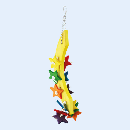 Bright yellow Wood Moon & Stars Bird Toy with colorful wooden stars, available at Squawk Shop for engaging and safe chewing fun.