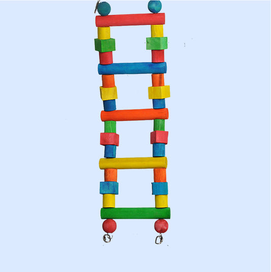 A colorful wooden ladder bird toy from Squawk Shop, featuring brightly painted wooden rungs and secure hooks for climbing, perching, and cage enrichment.