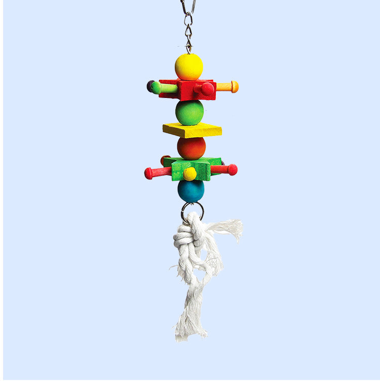A colorful wooden bird toy with beads, dowels, and a soft cotton rope hanging from a metal chain, designed for chewing, preening, and interactive play.