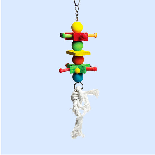 A colorful wooden bird toy with beads, dowels, and a soft cotton rope hanging from a metal chain, designed for chewing, preening, and interactive play.