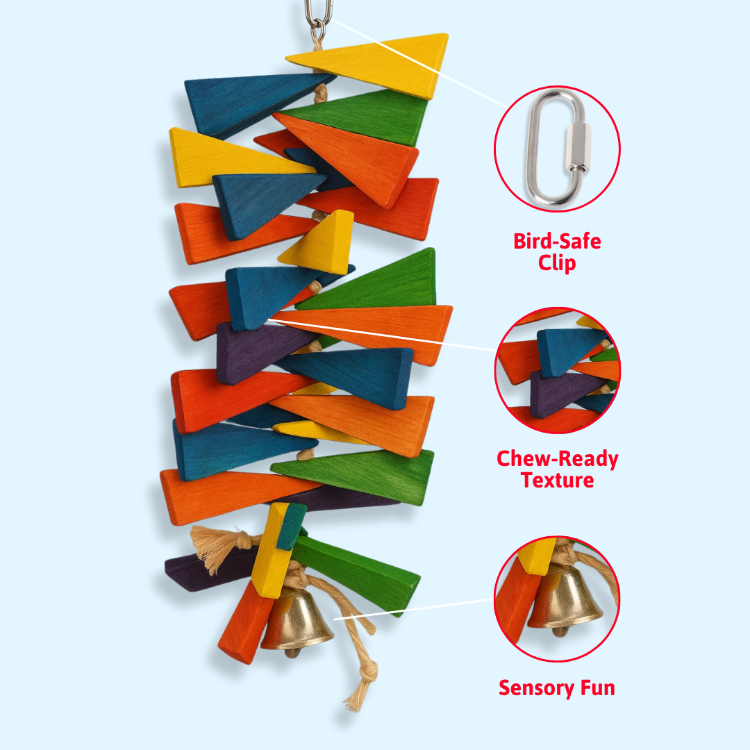 Squawk Shop wooden wedge bird toy featuring a bird-safe clip, vibrant chew-ready texture, and a bell for sensory fun. Highlighted with labeled callouts: “Bird-Safe Clip,” “Chew-Ready Texture,” and “Sensory Fun.