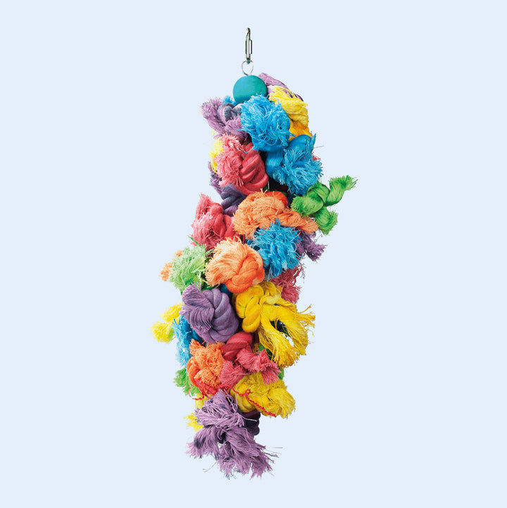 Woolly Monster Jumbo bird toy with colorful cotton rope, designed for preening and enrichment. Perfect for large parrots, available at Squawk Shop!