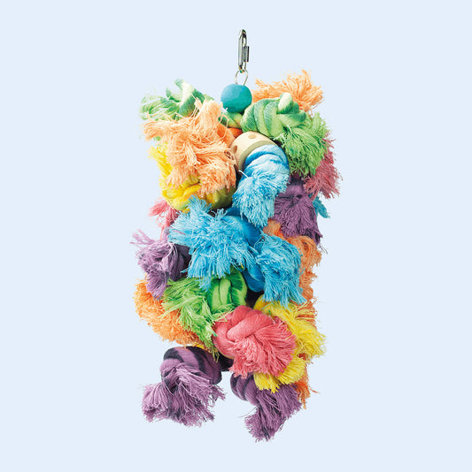 Woolly Monster Large bird toy with multicolored cotton rope, designed for preening and chewing. Available at Squawk Shop for large parrots!