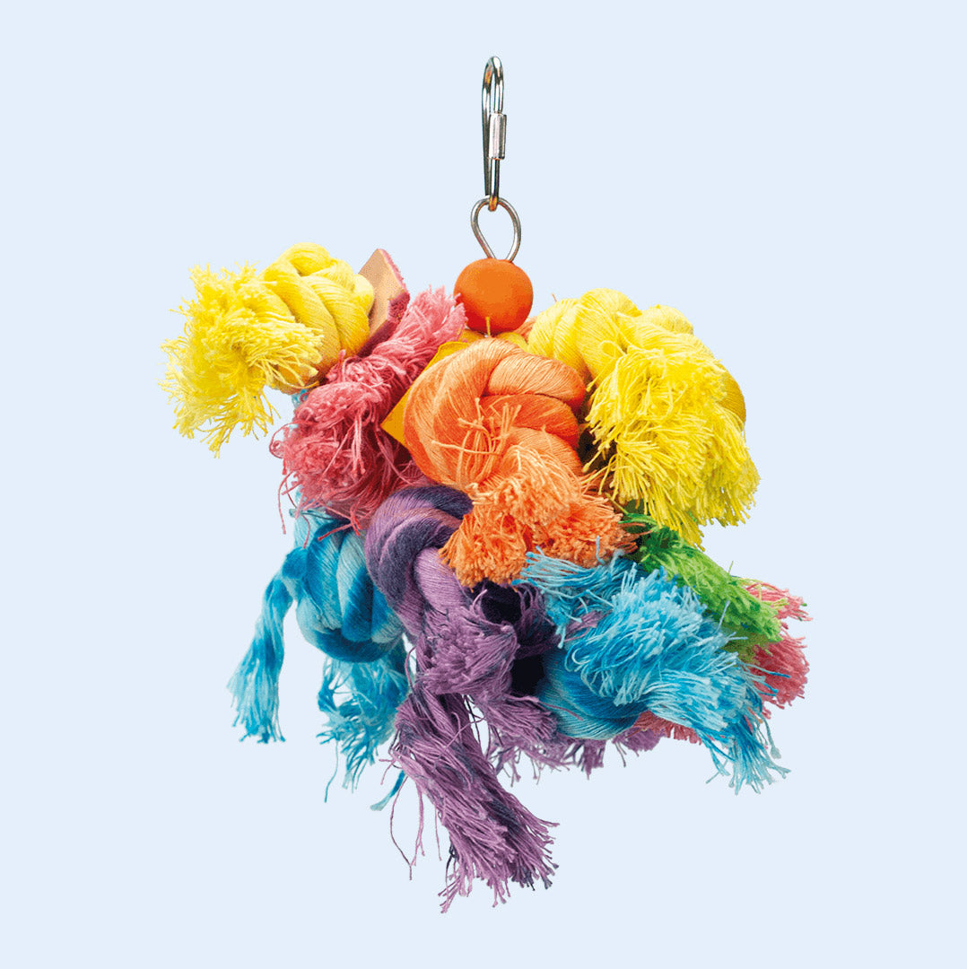 Woolly Monster Small bird toy with soft, multicolored cotton rope for preening and chewing, available at Squawk Shop.