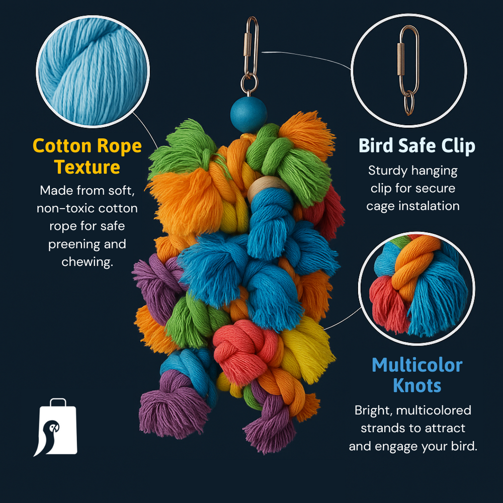 Feature breakdown of a colorful cotton rope bird toy from Squawk Shop, highlighting soft non-toxic cotton rope, bright multicolored knots for engagement, and a sturdy metal hanging clip. The toy is centered on a dark background with zoomed-in circles and descriptive text