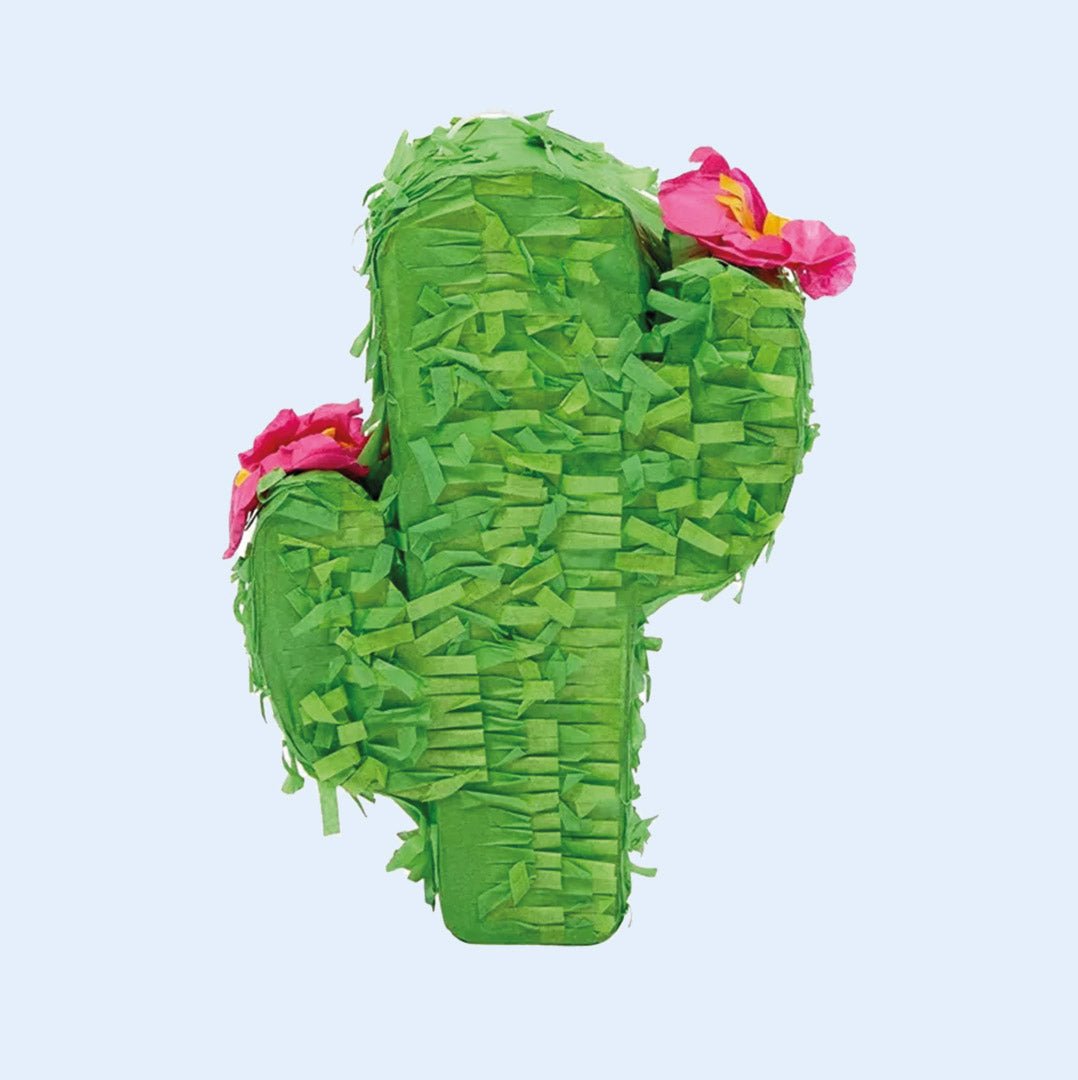 Cactus Pinata parrot toy from Squawk Shop featuring a vibrant green cactus design with pink flower accents. Designed for birds to shred, chew, and forage, providing mental stimulation and enrichment.