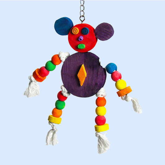 A colorful wooden mouse bird toy with beaded arms and legs, cotton rope ends, and a hanging chain. Designed for chewing, shredding, and interactive play.